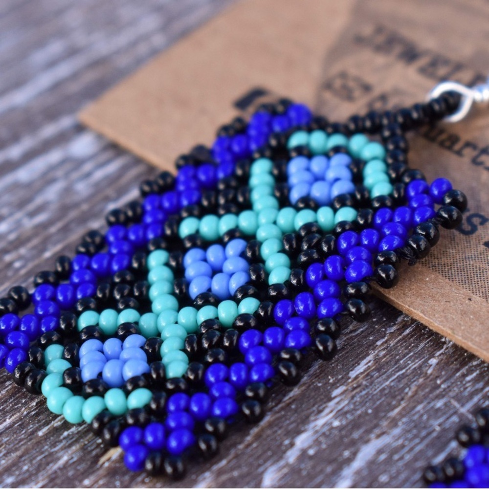 Handcrafted Beaded Earrings - Blue and Black